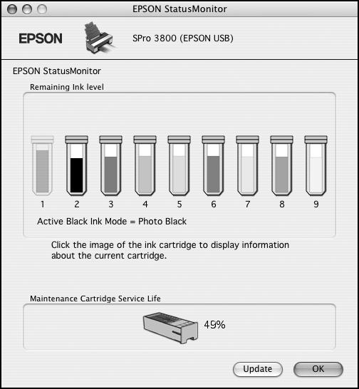 Printing with Epson Drivers for Macintosh 63 The software checks the status of ink in the printer and maintenance cartridge, and displays a screen like this one: 4.