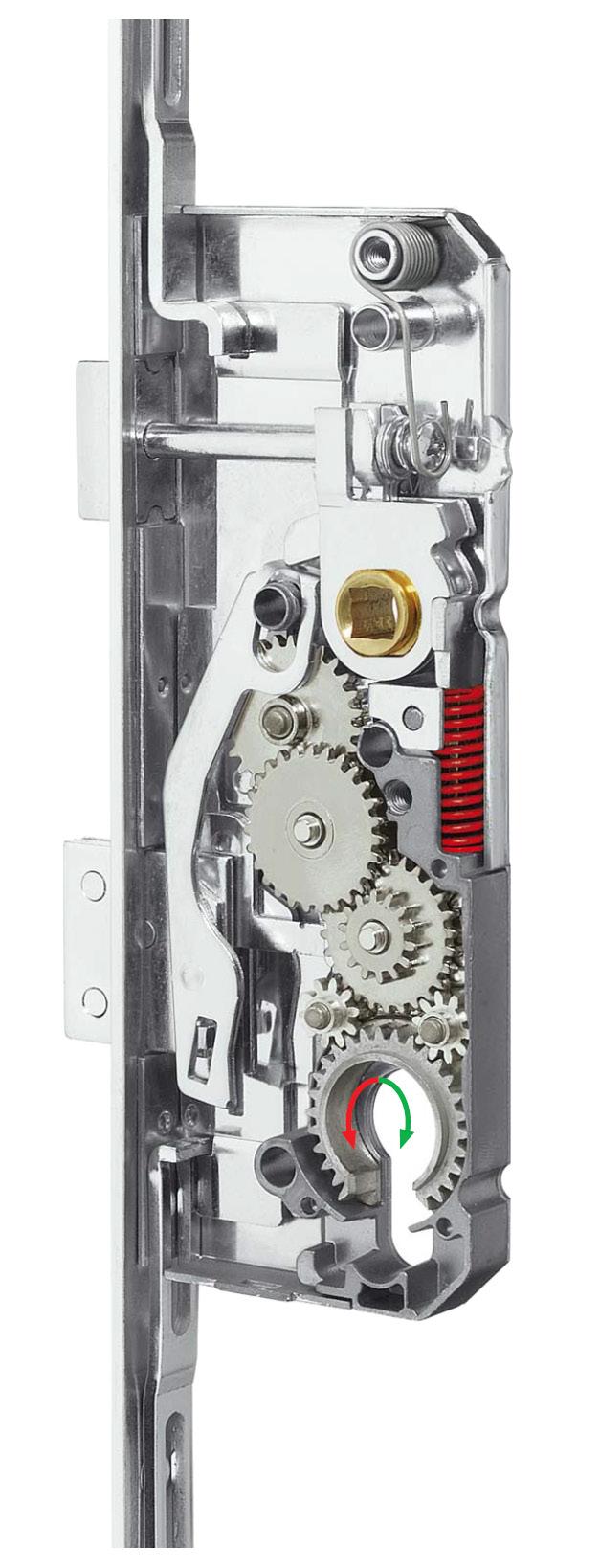 SICURTOP MULTIPOINT DOOR SYSTEMS Cylinder-driven gear lock Locks securely with two turns of the cylinder. Cold-pressed steel and sturdy gear teeth ensure precision and durability.