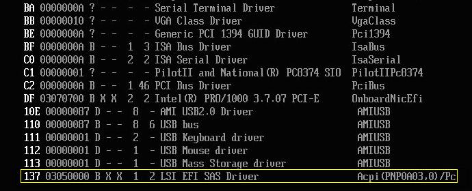 2. Reboot into EFI shell. 3. Type drivers to find out EFI SAS Driver number.
