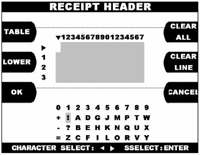 Chapter 4. Operator Functions 4.1.1.2. Receipt Header The RECEIPT HEADER function is used to edit the message at the header of receipt.