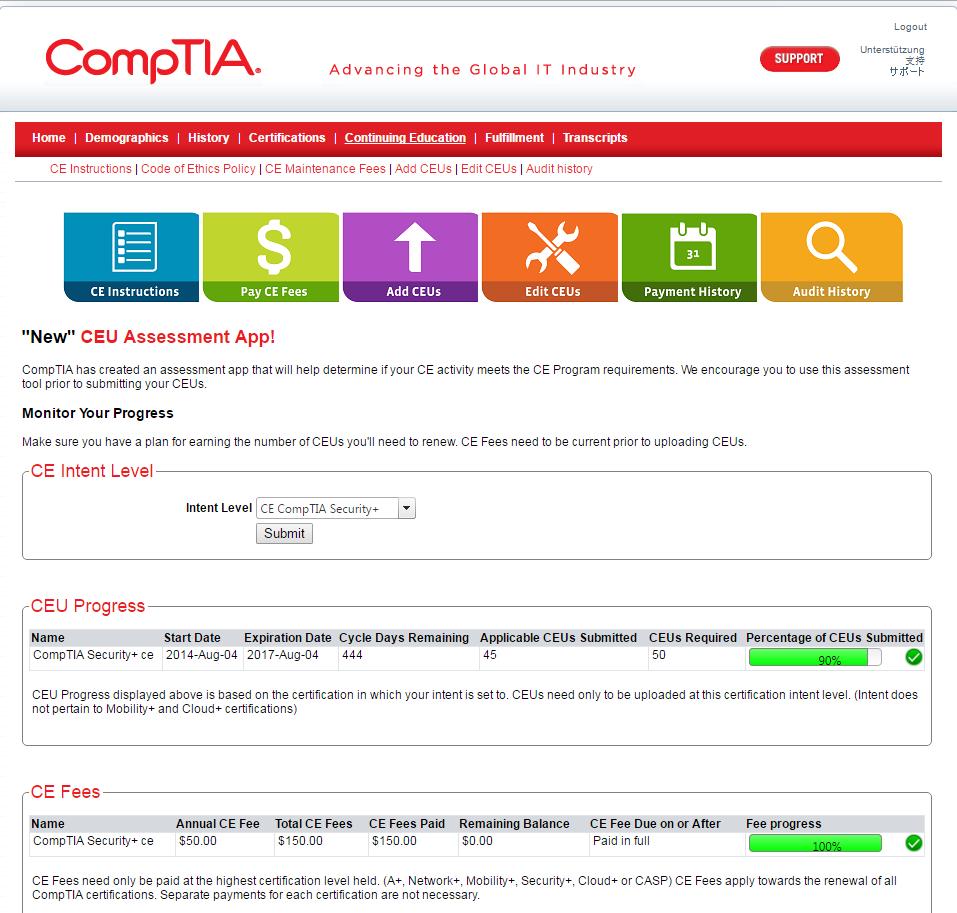 The Continuing Education home page provides you with your overall progress towards renewing your CompTIA certifications.