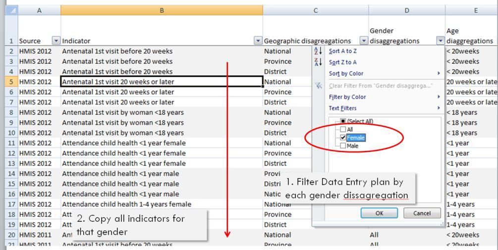 Figure 15. Paste this list of indicators into Column A of the respective tab in the Data Key workbook (e.g. indicators filtered by female are pasted in the female tab).