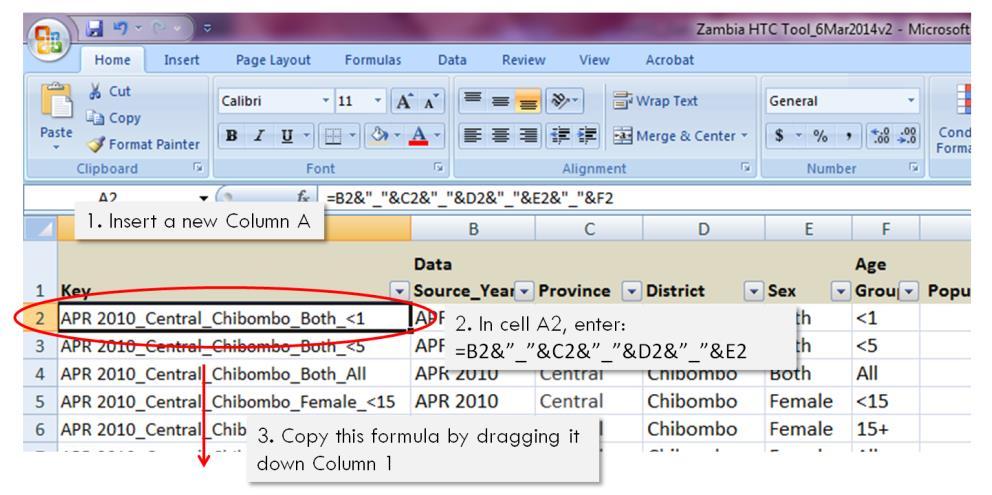 4. Checking and rectifying double data entry After both data entry representatives have entered all data into their respective Tools, create a key from the contents of columns A-E to compare the two