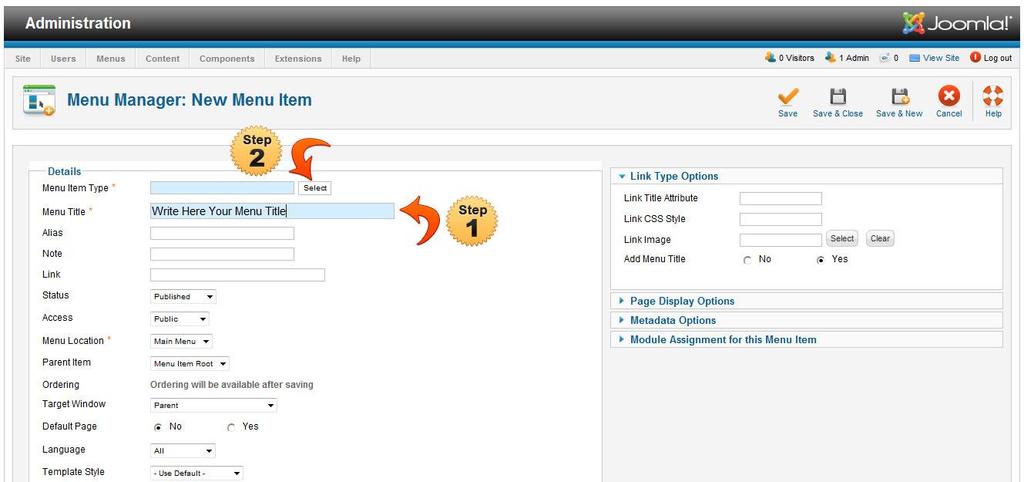 Main Menu Step-2: In the screen that opens click Add New to add a new menu item the Joomla site as shown in diagram 8.