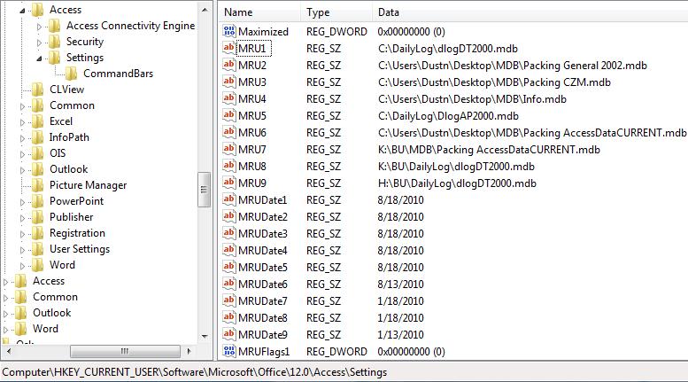Access MRUs Associated MRU Dates Figure 4 Microsoft Access DB MRU List Microsoft Excel Stores the MRUs under the File MRU subkey (see Figure 5).