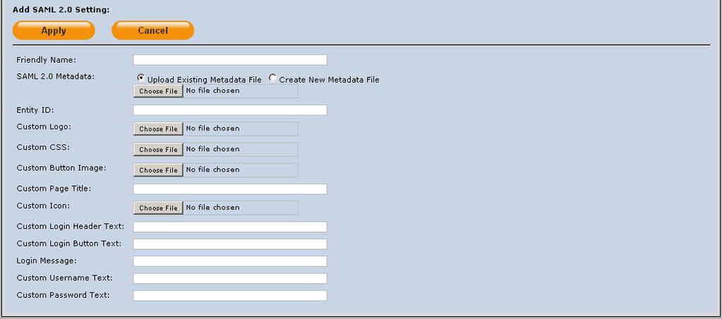 0 Metadata Enter a name for the Syncplicity service provider. Select Upload Existing Metadata File, and click Choose File.