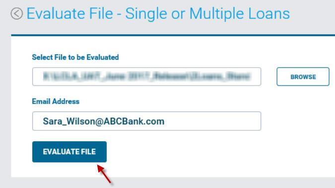 Evaluate File 6. Once you have confirmed the defaulted email address, entered a different email address or deleted the default email address, click Evaluate File. 7.