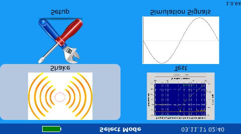 The main selection menu is split into four subsections: Shake: To manually test a transducer or equipment by only using variable frequency and amplitude.