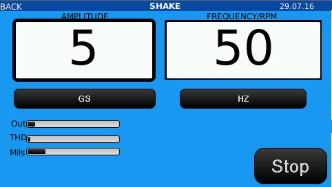 Shake: To manually test a transducer or equipment by only using variable frequency and amplitude: 1. From the main screen: Select Shake 2.