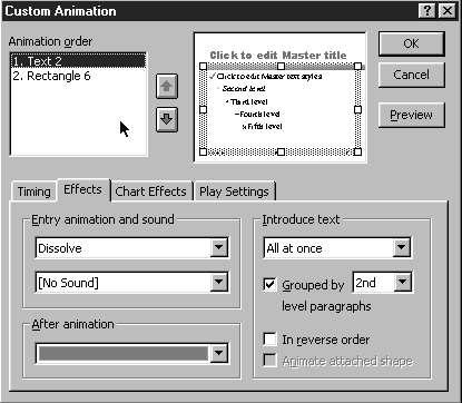 In versions 2002 and 2004, this appears as an Effect Option, but the choices are the same Setting Custom Animation on your Master Slide You can apply custom animation to your master slide so you don