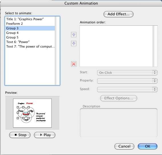 The Custom animation interface in Powerpoint 2004 (Macintosh) In order to access custom animation in version 2004, select Custom Animation, under the slide show menu or click Custom animation in the