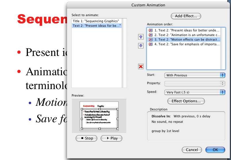 Modifying the sequencing of text blocks (Macintosh) When you place a text object with multiple paragraphs in the animation order, by default it appears grouped by first level paragraphs.