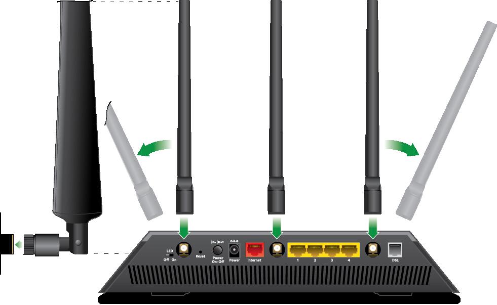 To attach the antennas: 1. Align the antennas with the antenna posts on the back panel of the modem router. 2.