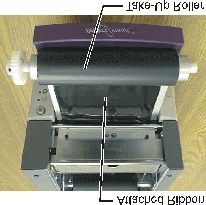 5. Place the Take-up roller with the attached ribbon on the drawer of the printer. See the figure below. 6.