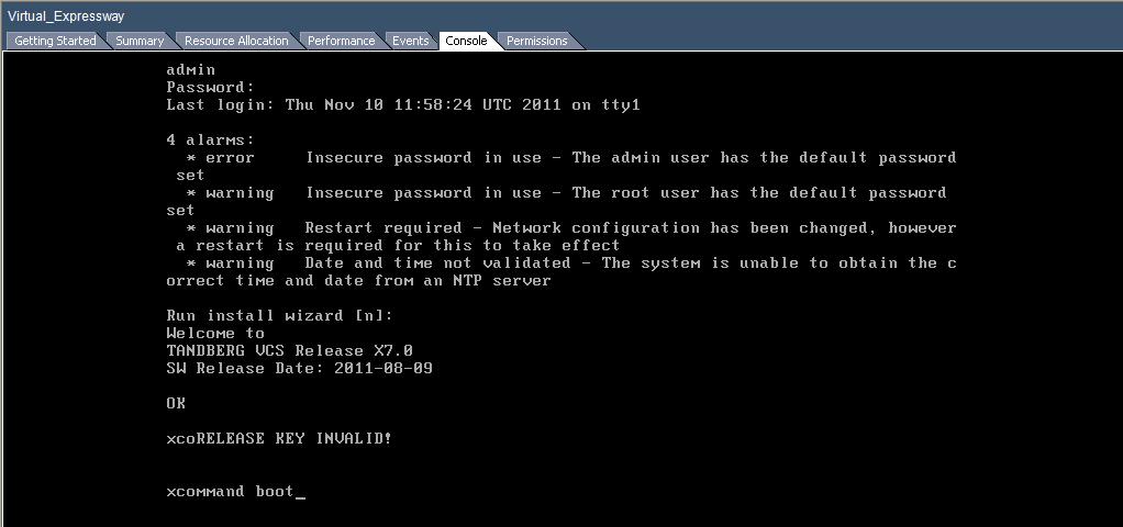 Installing a VM 6. Log back into the Expressway as admin and then type xcommand boot to reboot the VM guest. 7.