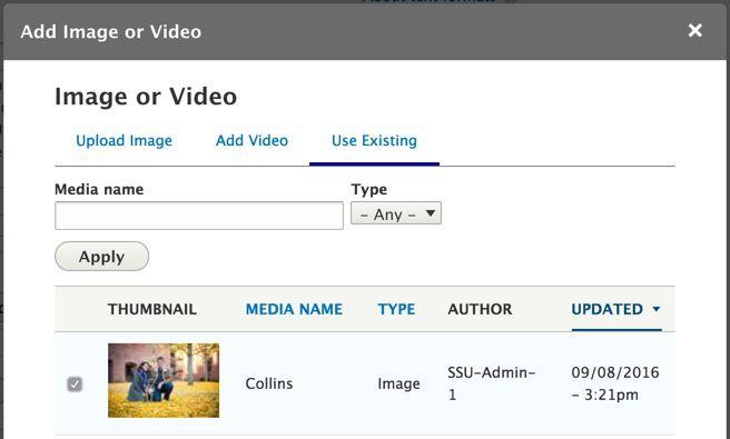 14 Use Existing: Browse all media on the site and select an image or video that already exists.