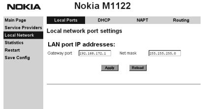 3.1.4 Local Network pages The Local Network page as four sub pages: Local ports, DHCP, NAPT, and Routing.