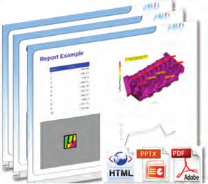 meta-post is the very powerful report generation. Reports with custom contents and layout can be generated through the Report Composer and exported in html, pptx or pdf formats.