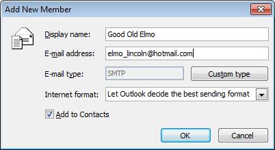 6. Depending on your selection, do one of the following: From Outlook Contacts / From Address Book New E-mail Contact A Select Members dialog will appear.