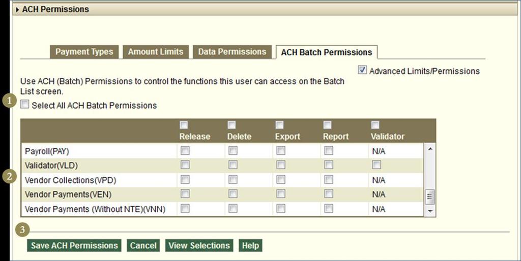 Select individual database permissions for each payment type. 3. Click the drop down menu under Edit/View to select the degree of access allowed to edit databases. 4.