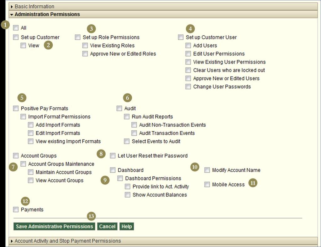 Administration Permissions 1. All Will select all permissions displayed on this screen. 2. Set Up Customer Ability to view the company s Customer Settings. 3.