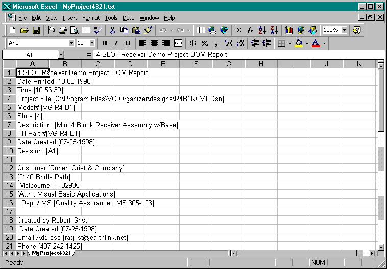 The information then appears in Excel as