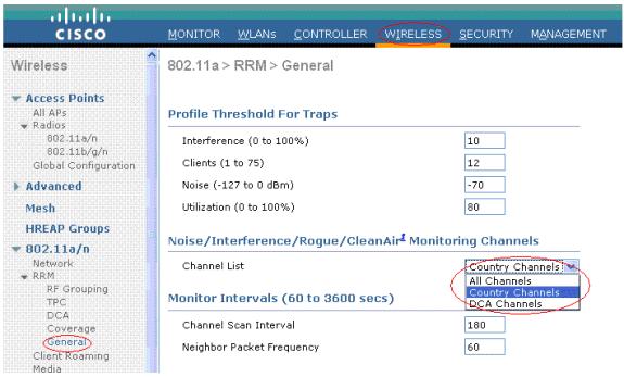 From the CLI: (Cisco Controller) >config advanced 802.11a monitor channel list?