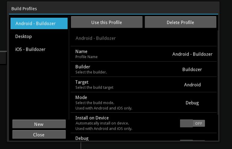 Kivy Designer already provides 3 defaults profiles: Desktop Android - Buildozer ios - Buildozer You can edit/delete these profiles and create new ones.