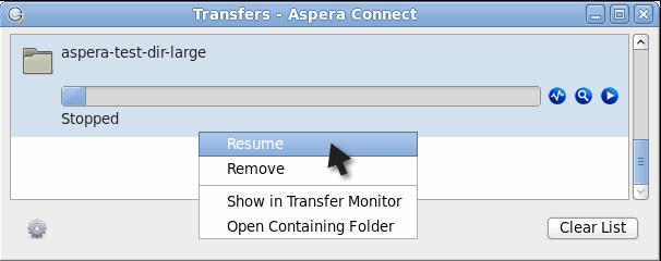 Working with IBM Aspera Shares 182 Open the folder on your computer that contains this content. Stop the transfer session. Resume transfer. Retry a failed transfer.