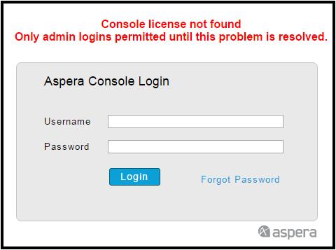 Working with IBM Aspera Console 72 Troubleshooting Console Updating your Console License IBM Aspera Console requires a valid license key before you can configure users and send or receive packages.