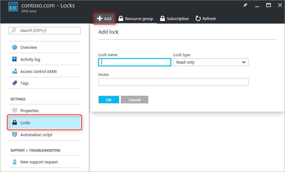 Zone-level resource locks can also be created via Azure PowerShell: # Lock a DNS zone New-AzureRmResourceLock -LockLevel <lock level> -LockName <lock name> -ResourceName <zone name> -ResourceType