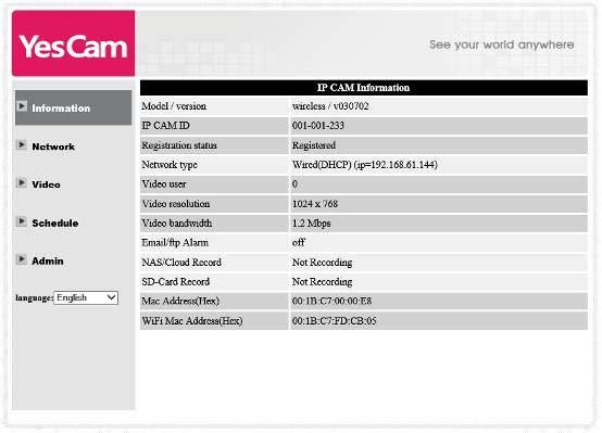 3.1. Information The first page of the web configuration of the IP CAM is the information page.