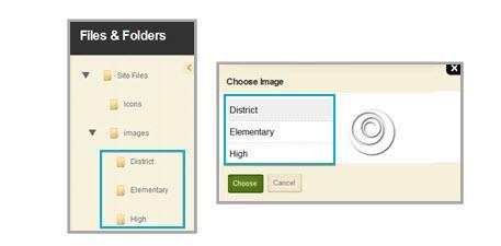 Each subfolder you create within the images folder is seen as a category in the School Logo Choose Image dialog in the Template Configuration window.