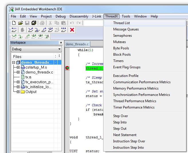 Selecting the ThreadX menu item yields the following pull-down menu, which contains selections for viewing various ThreadX information as well as thread-specific stepping control.