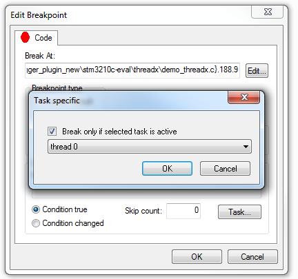 Thread-specific Breakpoints Thread-specific breakpoints are available via a right-click on an existing breakpoint and selecting the Edit Breakpoint option.