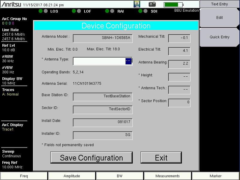 Select the Antenna Type either by pressing the Edit key to type in the text field or by pressing Quick Entry to select from a menu.