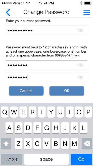 CHANGING YOUR PASSWORD Members can tap Password on the Settings screen to change the password that they use to log in to the app.