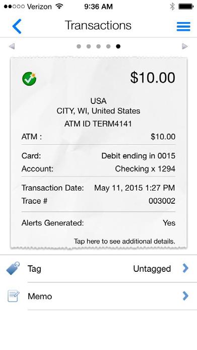 VIEWING TRANSACTION DETAILS Members can tap individual transactions to display more details about the transaction:, including: Transaction status Transaction amount Merchant name and address Viewing