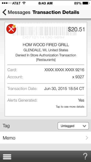 VIEWING TRANSACTION DETAILS (CONTINUED) Members can tap a receipt image on the Transactions screen to displays additional details, including: Viewing Card Information Transaction status Transaction