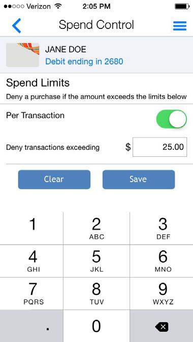 SETTING UP SPENDING LIMITS To specify a spending limit for transactions, members can tap Spend Limits on the Control Preferences screen.