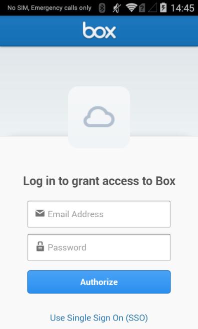 2. Touch the Cloud storage option to open the Cloud account screen. Touch either the Dropbox or Box option to open the user account configuration screen.