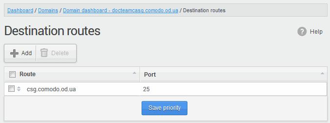 The 'Destination routes' interface of the selected domain will open: Click the 'Add' button to