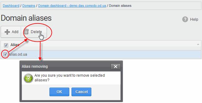 The selected domain alias will be deleted from the list.