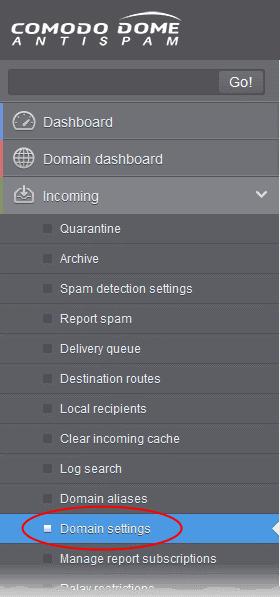 The 'Domain Settings' interface of