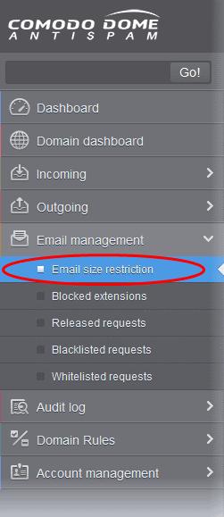 The 'Email restrictions' interface of the domain
