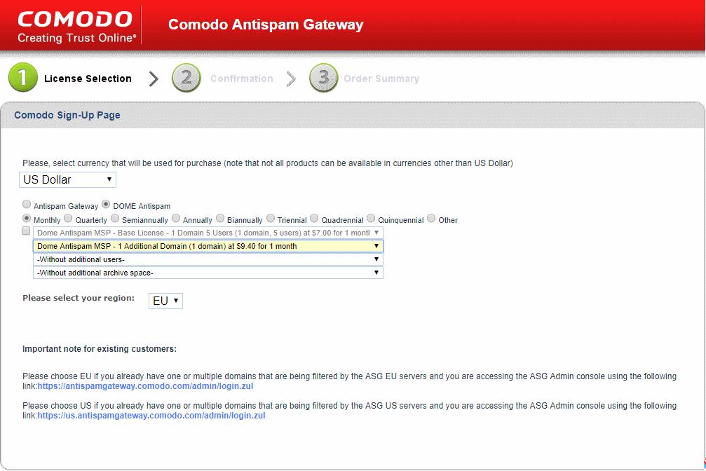 You can login to CDAS - MSP from the Comodo One console by selecting 'Applications' > 'Dome Antispam'. You can view your license details in the main interface after activation.