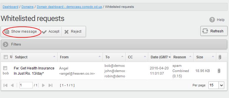 In the same CDAS window In a new CDAS window To view details of whitelisted requests in the same CDAS window: Select the mail that you want to view and click the