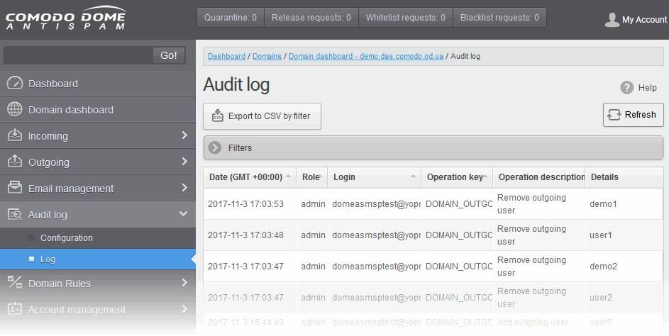 View Domain Log The log screen allows admins with appropriate privileges to view the logs of the selected domain.