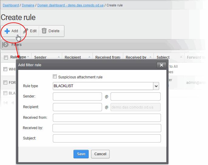 Suspicious attachment rule - Filters rules created for suspicious attachment based on condition chosen from the middle drop-down and option from the checkbox at the right.