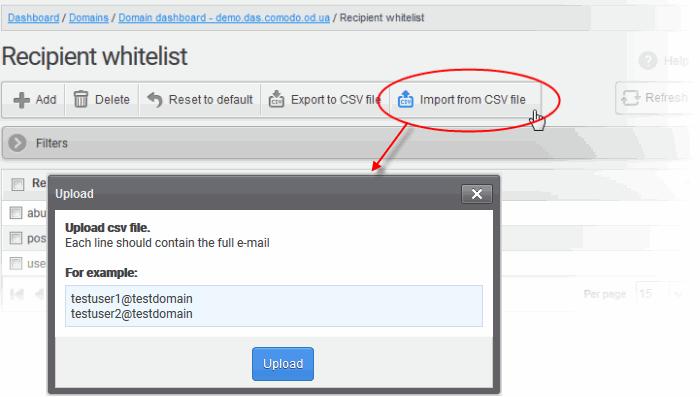 import users to whitelist from a CSV file The 'Upload' dialog will open: Click the 'Upload' button and navigate to the location where the file is